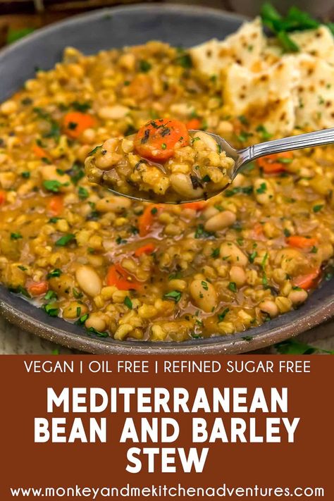 Each spoonful of this Mediterranean Bean and Barley Stew, enriched with wholesome barley and protein-packed beans, promises a truly satisfying and fulfilling dining experience. #wholefoodplantbased #vegan #oilfree #glutenfree #plantbased | monkeyandmekitchenadventures.com Vegan Barley Soup, Plant Based Foods List, Barley Stew, Vegan Oil Free, Monkey And Me Kitchen Adventures, Monkey And Me, Barley Recipe, Plant Based Diet Recipes, Meatless Mondays