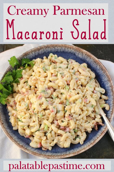 Creamy Parmesan Macaroni Salad combines bacon and other crunchy bits with pasta in a super creamy Parmesan based dressing. Creamy Parmesan Pasta Salad, Parmesan Pasta Salad, Salad Options, Salad Recipes With Bacon, Classic Pasta Salad, Parmesan Salad, Salad Dressing Recipes Healthy, Salads Pasta, Pasta Salad Dressing