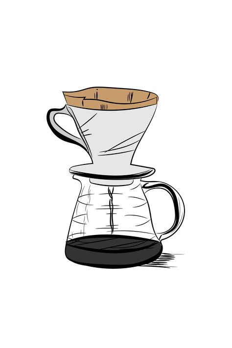 illustrater Coffee V60 Drawing, Art Coffee Drawing, Drip Coffee Illustration, Coffee Illustration Artworks, Coffee Drawing Ideas, Drip Aesthetics, Coffee Aesthetic Art, Coffee Art Illustration, Drip Drawing