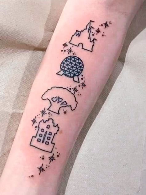 Disney Park Tattoo Ideas, Epcot Ball Tattoo, Disney World Tattoo Ideas, Disney Park Tattoo, Epcot Tattoo Ideas, Disney Symbols Tattoo, Disney Finger Tattoo, Disney Patchwork Tattoo, Disney Line Tattoo