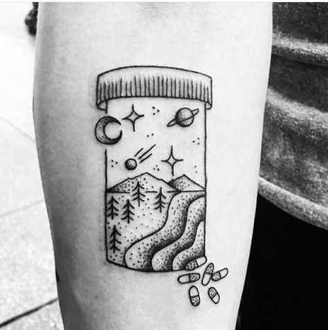 *Travel is my happy pill* Hand Holding Pill Bottle Drawing, Pill Bottle Tattoo Design, Pill Bottle Drawing Easy, Caprisun Tattoo, Pill Bottle Tattoo Ideas, Bug Tattoo Knee, Pharmacy Tattoo Ideas, Pill Bottle Tattoo, Box Tattoo Ideas