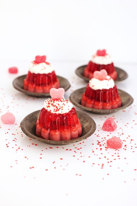 Mini Valentine's Jello Molds- Cherry Cream, Raspberry, homemade whipped cream. Strawberry Jelly Recipes, Jello Mold Recipes, Cake Pineapple, Layered Jello, Jelly Recipe, Jello Desserts, Strawberry Jelly, Jello Molds, Jello Recipes