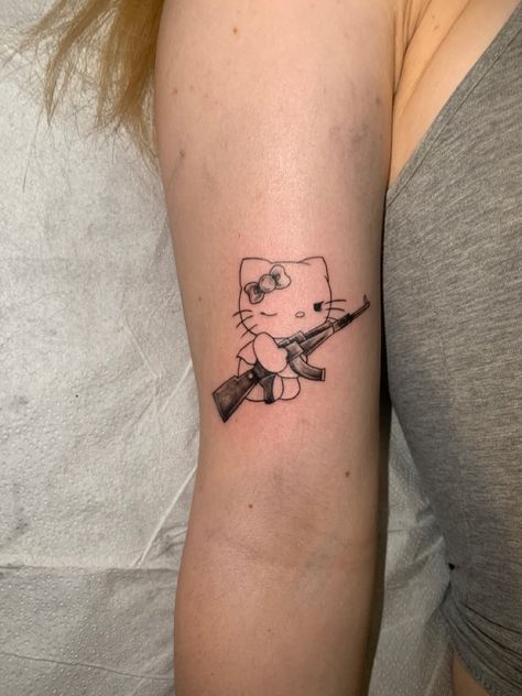 done by @tenerohardcore on insta Girly Cover Up Tattoos, Tatuajes Hello Kitty, Ftp Tattoo, Tattoo Gang, Hello Kitty Tattoo Ideas, Tatuaje Hello Kitty, Ak47 Tattoo, Police Tattoo, Hello Kitty Tattoo