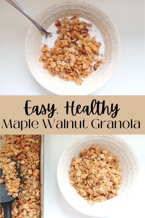 This simple maple walnut granola recipe is made with only 5 simple ingredients, and comes together very quickly. It isn't too sweet, and it's perfect for sprinkling on your yogurt or having with milk! Walnut Granola, Homemade Mayo Recipe, Nourishing Breakfast, Maple Granola, Homemade Trail Mix, Breakfast Bagel, Granola Recipe, Maple Walnut, Healthy Muffins