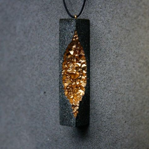 Artisan Jewelry | Mooralla Rectangular Pendant - Bridal Concrete and Gold Necklace Concrete Jewellery, Dark Texture, Honey Store, Gold Statement Jewelry, Resin Product, Stone Shapes, Concrete Pendant, Concrete Jewelry, Resin Stone