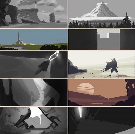 Been going a couple of simple composition and value studies everyday.  When it comes too landscape it's the most important thing to cover.… Environment Sketch, Storyboard Ideas, Storyboard Illustration, Environment Painting, Concept Art Tutorial, Comic Layout, Heart Drawing, Digital Painting Tutorials, Landscape Illustration