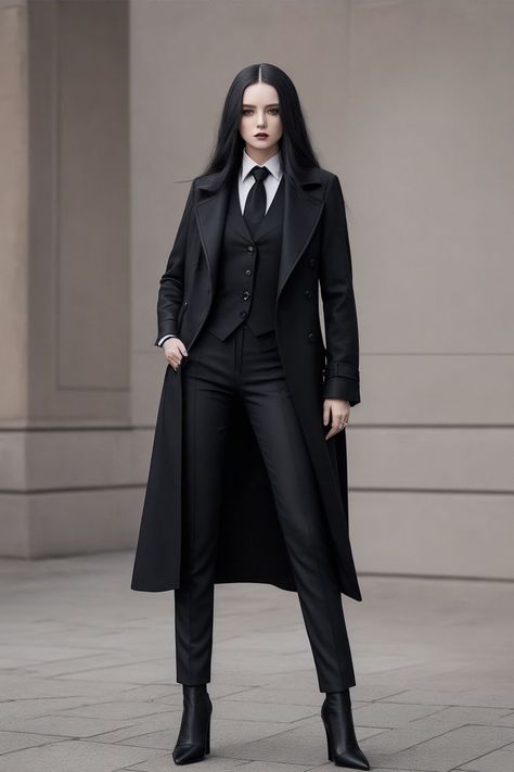 Elegant outfit comprised of sleek black pants, a crisp white blouse, a well-fitted vest, a warm wool coat, a black tie, and pointed-toe boots. Whether you're heading to the office or a formal event, this outfit expresses sophistication and elegance. Black Suit Outfit, Black Suit For Women, Gothic Suit, Black Coat Pant, Black Coat Outfit, Black Suit Vest, Black And White Office, Elegant Goth, Gothic Fashion Women