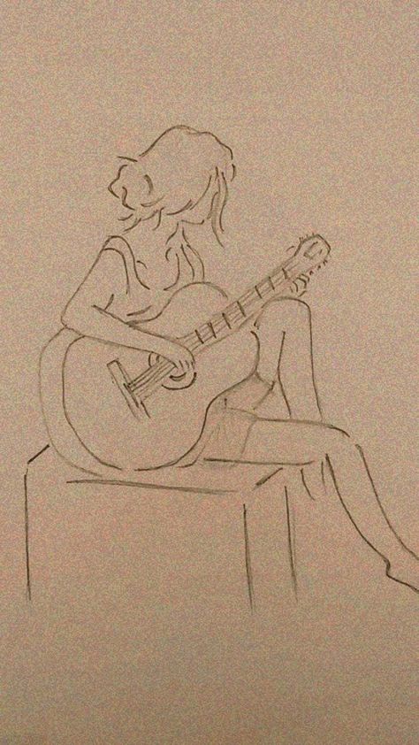 Sketches Pencil Aesthetic, Girl With Guitar Drawing, Sketch Book Art Ideas Aesthetic, Couple Sketch Romantic, Asthetic Drawings Simple, Drawing Ideas Music, Embrace Drawing, Beautiful Drawing Ideas, Girl With Guitar