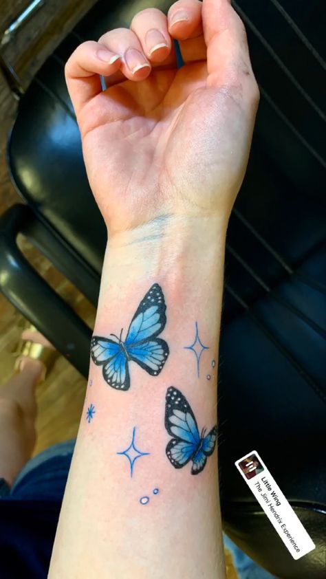 Blue butterfly tattoo Blue Butterfly Hand Tattoo, Black And Blue Butterfly Tattoo, Blue Butterfly Tattoo Black Women, Colored Butterfly Tattoo, Blue Butterfly Tattoo Wrist, Blue Butterfly Tattoo Shoulder, Butterfly Tattoo Color Blue, Blue Tattoos, Butterfly Things