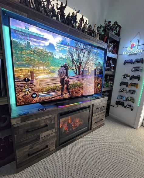 Best Tv For Gaming, Entertainment Center Ideas Gaming, Geeky Apartment, Large Gaming Room, Game Room Ideas Videogames, Playstation Game Room, Gaming Tv Setup, Gamer Living Room Ideas, Gaming Console Setup