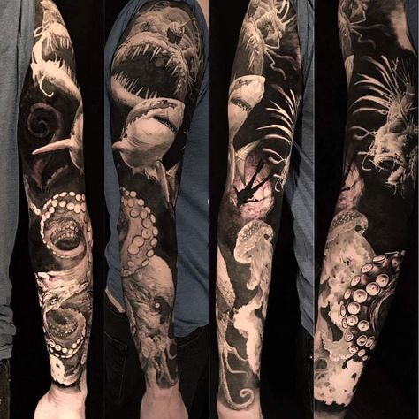 Sea Sleeve Tattoo Men, Deep Sea Sleeve Tattoo, Sea Creature Leg Sleeve, Black And Grey Underwater Tattoo, Scary Ocean Tattoo, Shark And Octopus Tattoo, Sea Life Tattoos Men, Ocean Tattoos Leg Sleeve For Women, Deep Sea Tattoo Sleeve