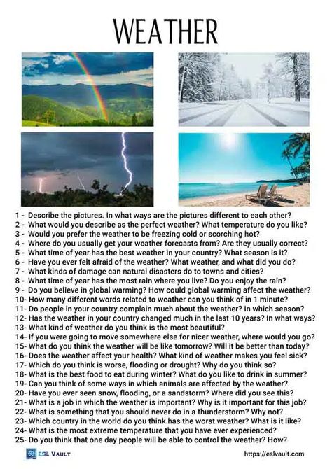 weather - ESL Vault English Speaking Game, English Conversation Worksheets, Weather Questions, Speaking Activities Esl, Speaking Activities English, Speaking Cards, Weather Pictures, General English, Conversation Questions