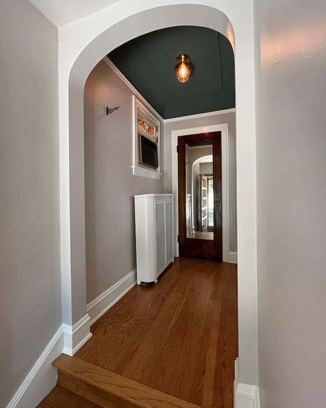 9 Accent Ceiling Ideas to Inspire You - Farmhousehub Small Hallway Ceiling Ideas, Navy Ceiling Living Room, Dark Ceiling Entryway, Hallway Dark Ceiling, Wallpaper Foyer Ceiling, Black Ceiling Entryway, Entry Way Ceiling Design, Dark Ceiling Hallway, Hallway Painted Ceiling