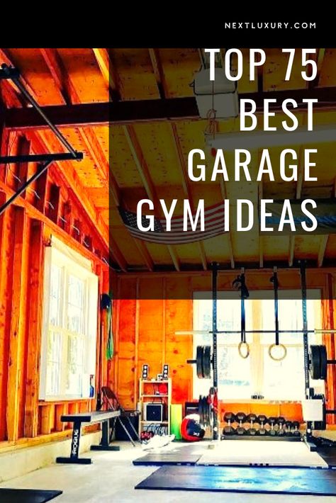 Never having to leave the comfort and privacy of your own home to get in your daily workout regimen may seem like something for the privileged classes, but think again.The garage gym has set the new standard in turning an old (and often unused) space into nothing short of a luxury sports club. #nextluxury #homedesign #homedecor #homedecorideas Mancave Gym Ideas, Garage Gym And Bar, Home Gym In Shop, Detached Garage Gym Ideas, Turning Garage Into Gym, Garage Gym And Man Cave, Home Gym Inspiration Garage, Home Gym Dark Walls, 2 Car Garage Gym Ideas Layout