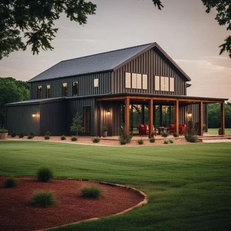 Explore 15 stunning black barndominium ideas that challenge traditional home design norms. These bold, innovative black homes combining barn charm with modern style might just inspire you to rethink your own living spaces. Black Pole Barn House, Barnodium Homes, Black Homes, Traditional Home Design, Black Barndominium, Barn Apartment, Barn House Design, Barn Style House Plans, Barn Renovation