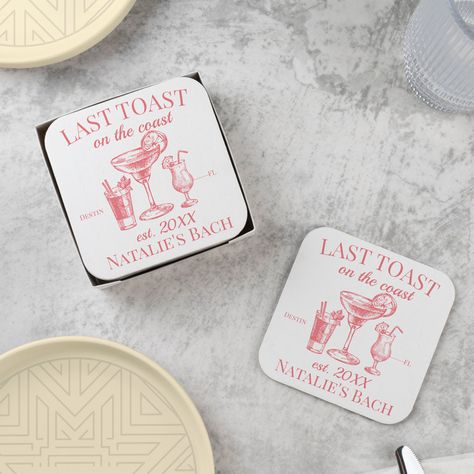 Luxury Bridesmaid Gifts, Club Atmosphere, Beach Bachelorette Party Favors, Navy Blue And Coral, Club Bachelorette, Last Toast On The Coast, Toast On The Coast, Beach Bachelorette Party, Paper Coasters