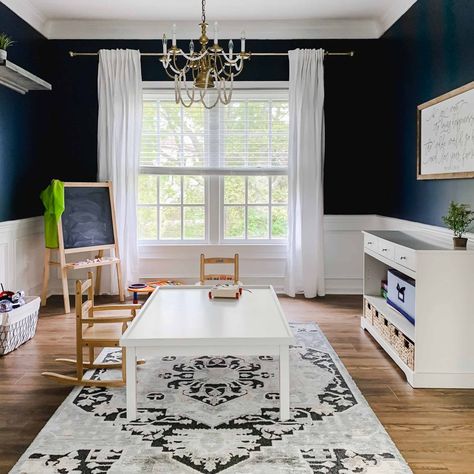 Midnight Blue Paint, Stylish Playroom, Blue Playroom, Best Blue Paint Colors, Blue Paint Color, Goodnight Moon, Bathroom Transformation, Staircase Makeover, Neutral Paint Color