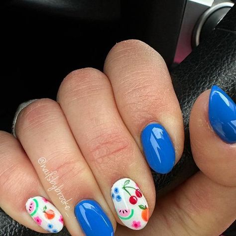 Brooke Jensen on Instagram: "How come having fruit on nails is so cute!?!!😍🫐🍉🍊🍒 . . Inspo: from Pinterest! Not sure who the original artist is. . . -Do not remove my name off my picture. Ask for permission before using my photo on a website or for marketing purposes. #gelpolish #handpaintednailart #naturalnailsonly #utahnailtech #utahnailartist #nailartist #nailart #naildesigns #nailartdesigns #freehandart #freehandnailart #gelnails #nails #nailmagazine #nailinspo #aprilnails #aprilnailart #springnails #springnailart #trendyspringnails #fruitnails #blueberrynails #orangenails #watermelonnails #cherrynails #bluefruitnails #fruitnailart #cutefruitnails #roundnails #summerfruitnails" Cute Fruit Nail Designs, Blue Fruit Nails, Summer Luminary Nails, Easy Fruit Nails, Strawberry And Blueberry Nails, Fruit Summer Nails, Fruit Salad Nails, Fruit Gel Nails, Short Fruit Nails