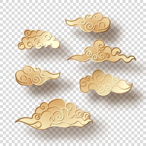 Vector set of gold clouds with a shadow ... | Premium Vector #Freepik #vector #oriental #chinese-pattern #oriental-pattern #japanese-pattern Gold Clouds, Chinese Illustration, Cloud Illustration, Chinese Pattern, Cloud Design, Cloud Vector, Cloud Art, Clouds Pattern, Clouds Design