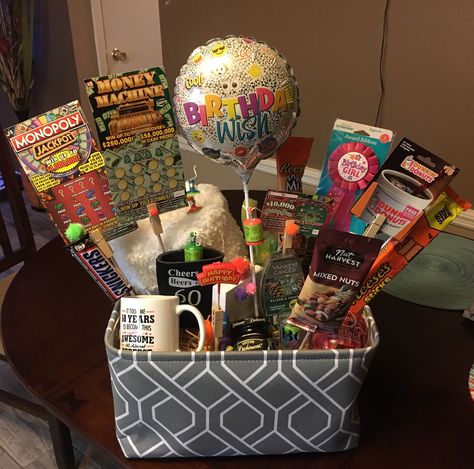 I made this for my friend's 60th Birthday. 60th Birthday Gift Basket, 50 Birthday Gift Baskets, Birthday Gift Basket Ideas, Gift Basket For Men, Basket For Men, 60th Wedding Anniversary Gifts, Funny 60th Birthday Gifts, Anniversary Gift Baskets, 60th Birthday Poster