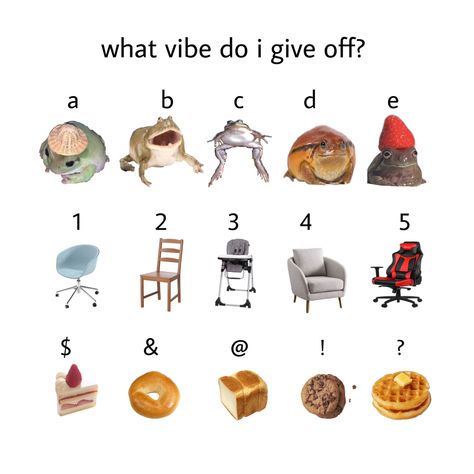 with frogs, chairs, and baked stuff (*´ω`*) #aesthetic #whatvibesdoigiveoff What Vibes Do I Give Off Aesthetic Chart, Which Vibe Do I Give Off Chart, Which Vibes Do I Give Off, What Vibes Do I Give Off, Sketch Feelings, Which Vibe Am I, Frog Chair, Twitter Interaction, Tag Urself