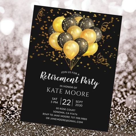 $2.00 | Modern Retirement Party Gold Black Balloons Black #retirement, gold, black, glitter, balloons, retirement party, elegant, retiring, modern gold black balloons, trendy Gold Black Balloons, Gold And Black Balloons, Chat Symbol, Office Retirement Party, Retirement Party Invitation, Police Party, Retirement Party Gifts, Retirement Invitations, Retirement Party Invitations