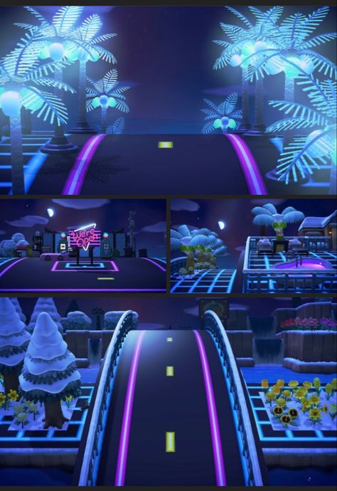 Animal Crossing Neon Path, Cyberpunk Acnh Island, Animal Crossing Neon Design, Acnh Neon Design Code, Futuristic Animal Crossing, Animal Crossing Cyberpunk Design, Cyberpunk Acnh Codes, Punk Acnh Island, Acnh Cyberpunk Design