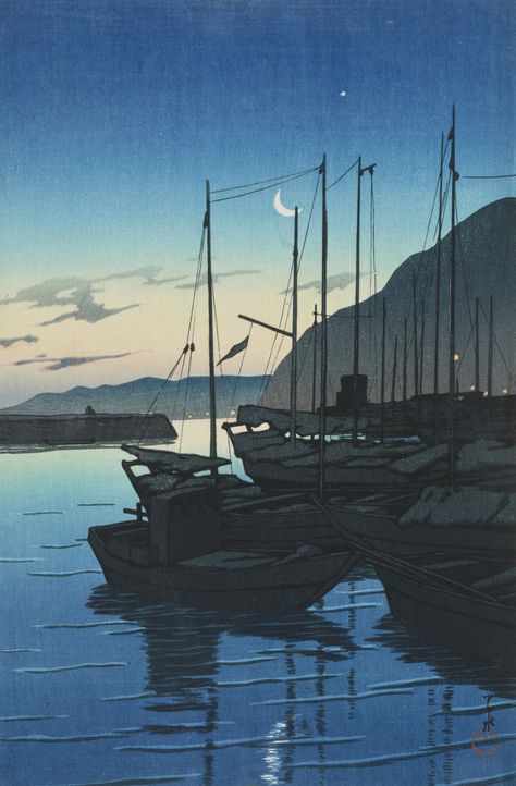 Dawn at Beppu (Beppu no Asa)   by Kawase Hasui from Toledo Museum of Art Kawase Hasui, Beppu, Images D'art, Art Asiatique, Traditional Japanese Art, Japanese Landscape, Japanese Poster, Piet Mondrian, Art Japonais