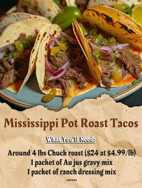 nonna pia Recipes | Made the Mississippi pot roast tacos and wowwww 🤤 very comparable to birria tacos | Facebook Pot Roast Tacos, Roast Tacos, Nonna Pia, Pizza Wraps, Au Jus Gravy, Birria Tacos, Mississippi Pot Roast, Ranch Dressing Mix, Chuck Roast