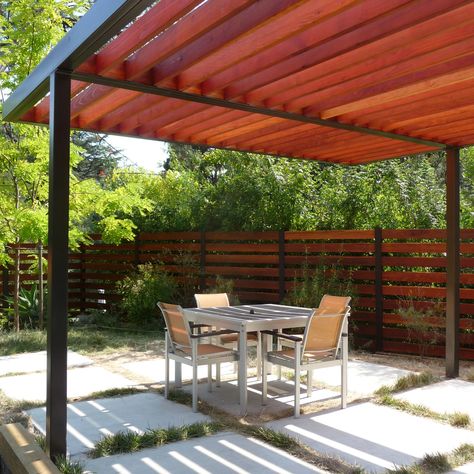 Finished Pergola | Modern Steel and Redwood Pergola Steel And Wood Pergola, Steel Pergola, Pergola Swing, Building A Pergola, Modern Pergola, Metal Pergola, Pergola Attached To House, Wood Pergola, Pergola Canopy