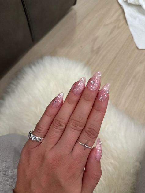 Gel-x nails with shimmery overlay with pearls and crystals ✨ Nails With Pearls And Rhinestones, Clear Glitter Nails, Sparkly Nails, Rhinestone Nails, Glitter Nails, Nail Inspo, Gems, Glitter, Nails