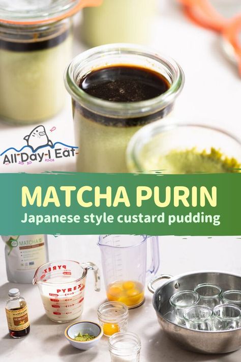 Matcha Purin (Japanese style custard pudding with matcha tea) #japanesefood #japanesecooking #japanesecuisine #pudding #matcha #custardpudding #dessert #japanesedessert Custard Pudding Recipe, Matcha Custard, Japanese Pudding, Matcha Pudding, Matcha Dessert, Vegetarian Gluten Free, Matcha Cookies, Matcha Tea Powder, Custard Pudding