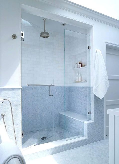 Bathroom Colors Blue, Large Bathroom Remodel, Shower Remodel Diy, Simple Bathroom Remodel, Indoor Ideas, Shower Seat, Transitional Bathroom, Shower Bench, Bathroom Remodel Shower