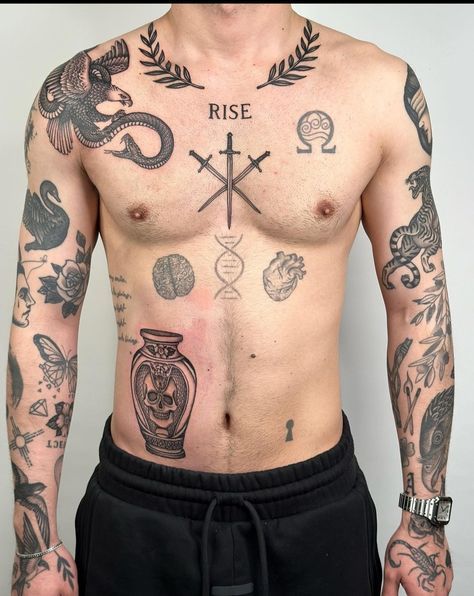 Mens Chest Tattoos, Geometric Tattoo Sleeve Designs, Mastectomy Tattoo, Tattoo Tips, Occult Tattoo, Torso Tattoos, Tattoo Old School, Tattoo Inspiration Men, Kawaii Tattoo