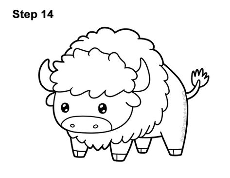 Draw a Cartoon Bison 14 How To Draw A Bison, Bison Doodle, Cute Buffalo Cartoon, Bison Drawing Easy, Bison Illustration Cute, How To Draw A Buffalo, Buffalo Drawing Simple, Bison Crafts For Kids, Bison Drawing