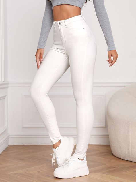 Blanco  Collar  Mezclilla Liso ajustado Embellished Elástico Alto White Jeans White Boots, Shein White Jeans, Outfits Con Jean Blanco, Outfits Con Jeans Blancos, Pantalon Blanco Outfit, White Jeans Women, High Wasted Jeans, Outfits Con Jeans, White Jeans Outfit