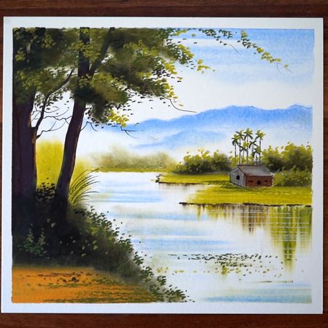 Oil Pastels Landscape, Scenery With Oil Pastels, Pastel Landscape Drawing, Beautiful Scenery Drawing With Oil Pastels, Nature Landscape Oil Pastel, Landscape Drawing Ideas, Oilpastel Scenery Drawing, Landscape Oil Pastel, Scenery Drawing With Oil Pastels