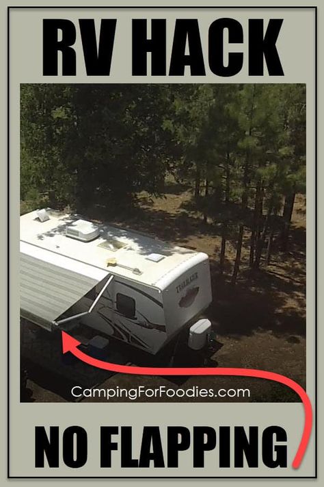 Don't get annoyed with that flapping noise! Use this simple DIY hack to tie down your RV awning so it quits flapping in the wind! This little gadget will be your most favorite piece of camping gear! Get more camping tips and RV hacks from CampingForFoodies. #camping #camp #RV #tips #hacks #CampingForFoodies #simple #diy #gadget #gear Rv Hack, Rv Diy, Camper Maintenance, Rv Gear, Rv Awning, Camper Awnings, Solar Products, Rv Camping Tips, Rv Maintenance