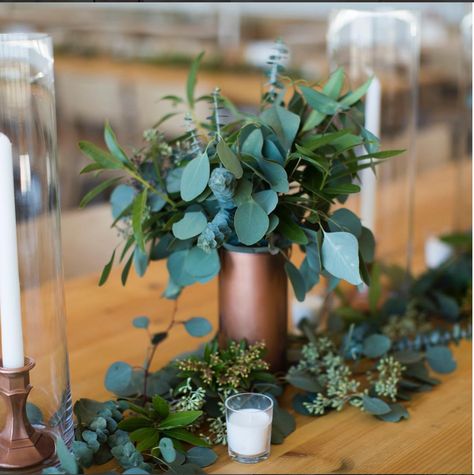 Copper Vases Copper Eucalyptus Wedding, Copper Vase With Flowers, Navy And Copper Wedding Centerpieces, Copper Centerpiece Wedding, Copper Centerpieces, Copper Wedding Centerpieces, Round Table Centerpieces Wedding, Copper Wedding Decor, Non Floral Centerpieces