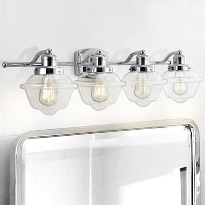 JONATHAN Y Orleans Coastal Transitional 35.75-in 4-Light Chrome LED Farmhouse Vanity Light in the Vanity Lights department at Lowes.com Cottage Vanity, Farmhouse Vanity Light, Schoolhouse Style, Farmhouse Vanity Lights, Farmhouse Vanity, Led Vanity Lights, Chrome Fixtures, Kitchen Hallway, Led Vanity