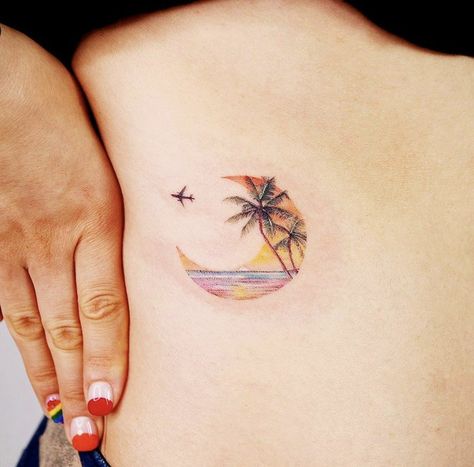 Beach Inspired Tattoos, Small Beach Tattoos, Beach Tattoos, Tropical Tattoo, Florida Tattoos, Airplane Tattoos, Sunset Tattoos, Travel Tattoos, Palm Tattoos