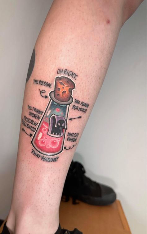 Kronk Emperors New Groove Tattoo, Emperor’s New Groove Tattoo, Fun Disney Tattoos, 90s Cartoon Sleeve Tattoo, Emperors New Groove Tattoo Ideas, Pop Culture Tattoo Ideas, Funny Disney Tattoos, Nimbus 2000 Tattoo, Kuzco Poison Bottle Tattoo