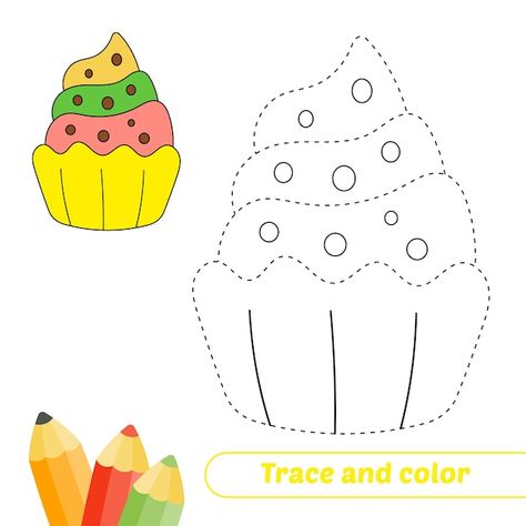 Trace and color for kids cupcake vector | Premium Vector #Freepik #vector #tracing #handwriting-practice #worksheet #activity-book Coloring Practice Sheets, Color Practice Worksheet, Tracing And Coloring Worksheet, Trace And Color Worksheets For Kids, Tracing Drawing For Kids, Trace And Color Worksheets, Colour Activities Preschool, Drawing Worksheets For Kids, Drawing Sheets For Kids