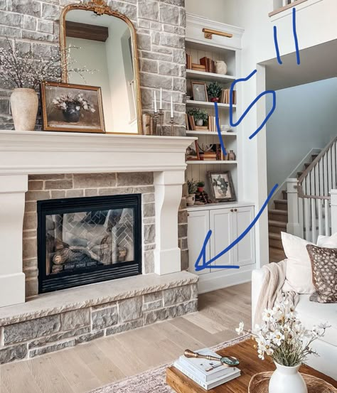 Brick Fireplace Family Room, Mantel On Stone Fireplace, Stacked Stone Fireplace With Mantel, Stone Fireplace With Mantle, Farm Fireplace, Off Center Fireplace, Tuscan Fireplace, Faux Stone Fireplaces, Stone Mantle