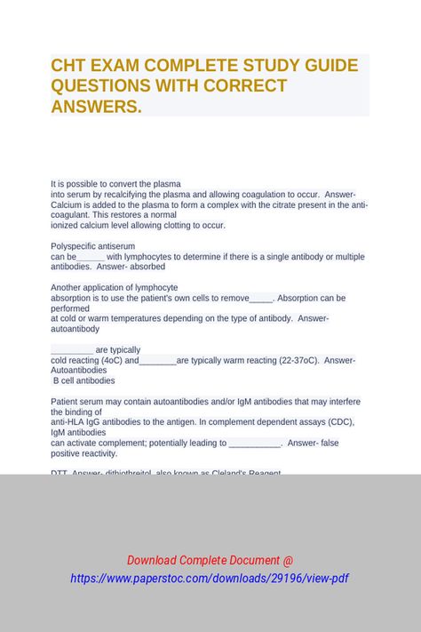 CHT EXAM COMPLETE STUDY GUIDE QUESTIONS WITH CORRECT ANSWERS 
 CHT EXAM COMPLETE STUDY GUIDE QUESTIONS WITH CORRECT ANSWERS Homework Help, Study Guide, Homework