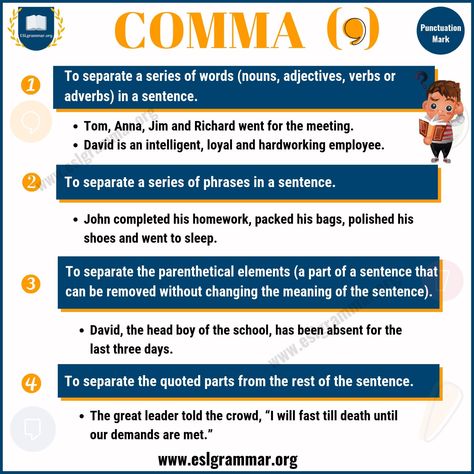 Comma Rules | Comma Definition & Examples for ESL Learners - ESL Grammar Commas In Sentences, Comma In A Series Anchor Chart, Commas In A Series Activities, When To Use A Comma Anchor Chart, Esl Grammar, Rules For Using Commas, Comma Rules, Parts Of A Sentence, Free English Lessons