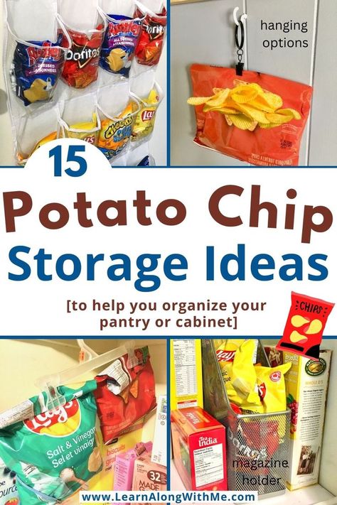 Get your pantry organized with one of these potato chip storage ideas.  15 ways to store chip bags to help tidy up your pantry or kitchen cabinet.

There are some ways to store chips on a pantry shelf, inside a cabinet and some hanging options to utilize vertical space.

#potatochipstorageideas  #pantryorganization  #pantryorganizationideas  #pantrystorage  #pantrystorageideas  #potatochipstorage Hanging Chips In Pantry, Storing Chip Bags In Pantry, Chip Pantry Storage, Bread And Chip Storage Ideas, How To Store Chips Bags In Pantry, Small Chip Bag Storage, Storing Potato Chips In Pantry, How To Store Potato Chips In Pantry, Snack Food Organization