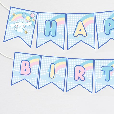 Cinnamon Roll Editable Birthday Bunting Banner | INSTANT DOWNLOAD | DIGITAL | PRINT YOURSELF Celebrate your special day with this charming  Cinnamon Roll-themed customizable bunting banner! Featuring pastel blues, yellows, pinks and whites, adorable characters, and a delightful flags, this banner sets the perfect tone for a fun and memorable party. The high-quality design ensures a captivating look that will excite guests and make your special event unforgettable. Customize the details easily, a Happy Birthday Banner Printable, Banner Printable, Birthday Bunting, Printable Banner, Friends Birthday, Happy Birthday Banner, Bunting Banner, Cinnamon Roll, Happy Birthday Banners