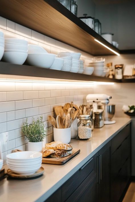 If you're lacking in storage space in your kitchen, then try one of these ideas for open shelving that will give your kitchen a more lived-in feel. Open Kitchen Shelves, Clever Ideas, New Ideas, Open Shelving, Design Crafts, Storage Space, Kitchen Ideas, Decor Inspiration, Home Crafts