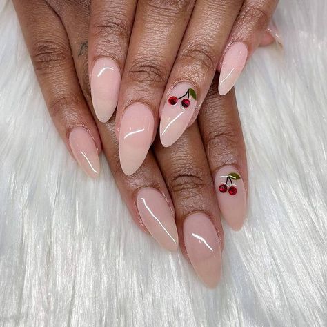 • The Nail Nest 🕊️ • on Instagram: “With 🍒 on top - • Apres Gelx Book Online: www.nailnestatl.com . . . #cherrynails #nudenails #almondnails #simplenails #blingnails…” Cherry Nail Art, Cherry Nails, Trendy Nail Art, Dream Nails, Bling Nails, Fancy Nails, Chic Nails, Nude Nails, Trendy Nails